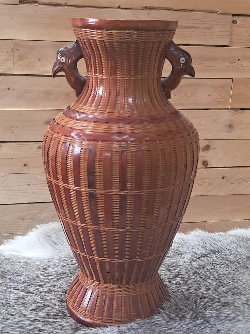 Vintage Handwoven Brown Wicker Floor Vase with Decorative Bird Handles